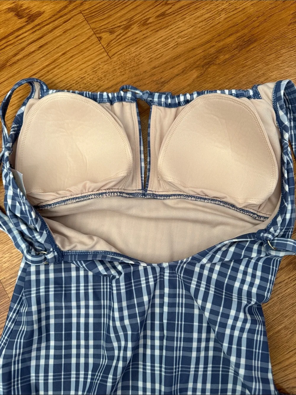 Kona Sol Blue Plaid One Piece Swimsuit Ruched Tie Front Size Medium